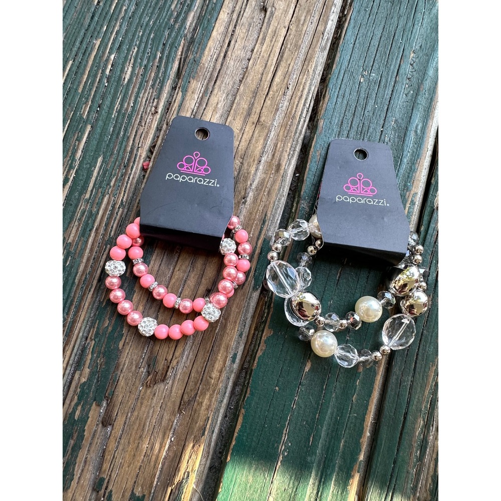 Paparazzi Pink Rhinestone and Silver Pearl Crystal Stretch Bracelet Set 2PC - Picture 2 of 7
